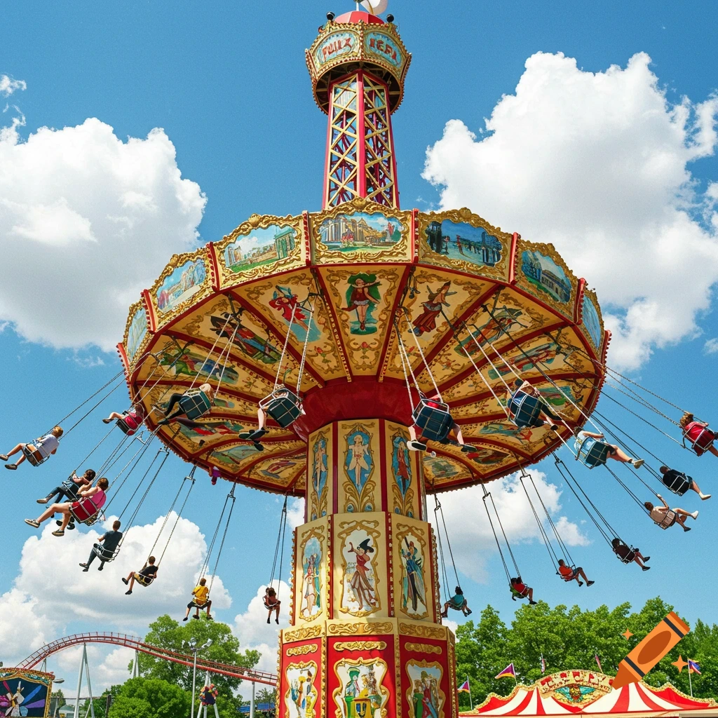 A vibrant double-decker wave swinger ride at an amusement park with people swinging through the air against a blue sky with white clouds.