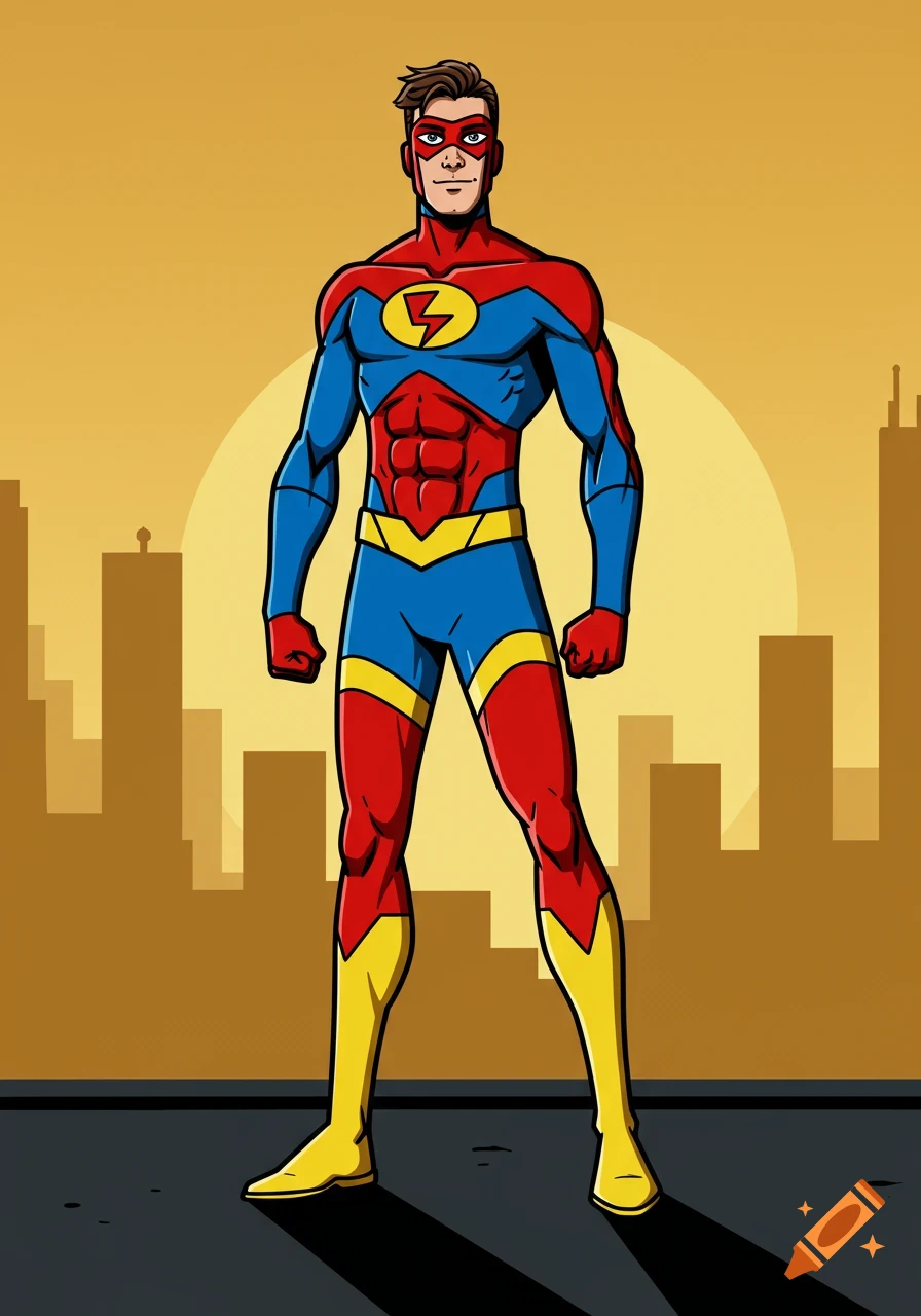 A male superhero in a red, blue, and yellow costume with a lightning bolt symbol on his chest, standing against a city skyline at sunset.