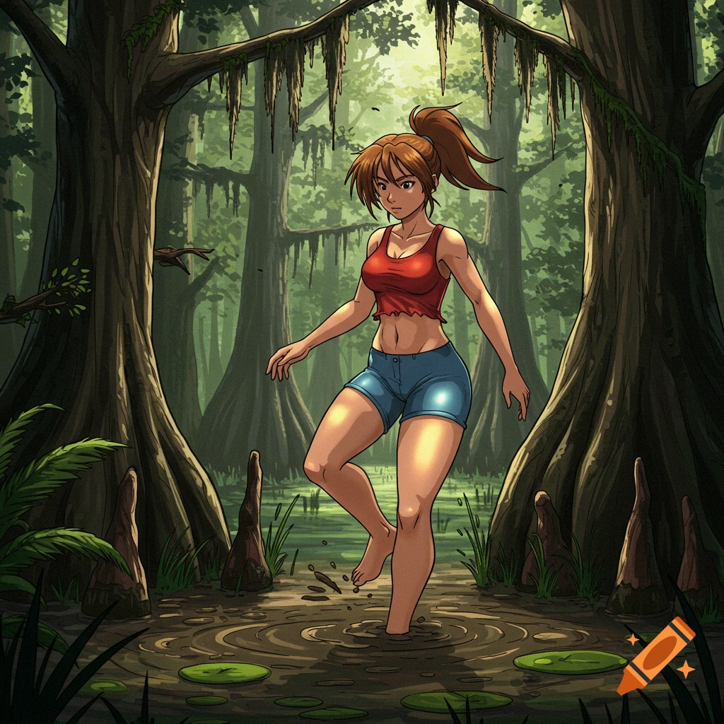 A tomboy woman with a brown ponytail, red tank top, and blue shorts steps barefoot into mud in a swamp, in a Western anime comic style.