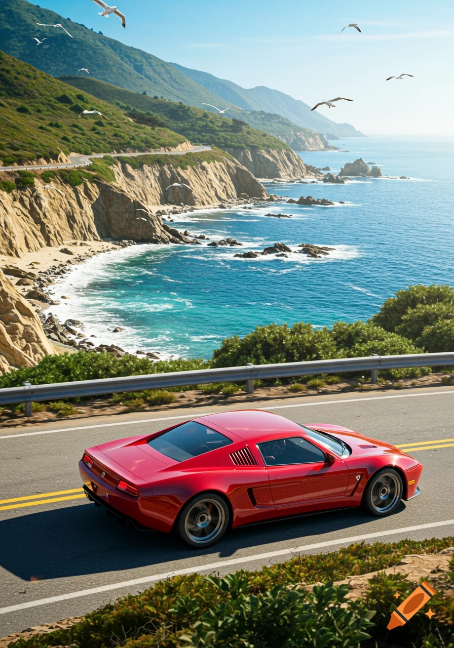 A red sports car drives on a scenic coastal highway with the blue ocean, cliffs, and green mountains in the background, with seagulls flying.