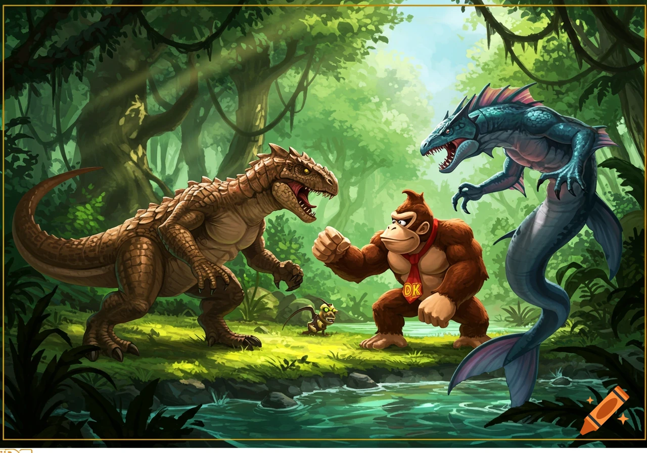 Donkey Kong, a brown dinosaur-like creature, and a blue sea monster face off in a lush jungle by a river.