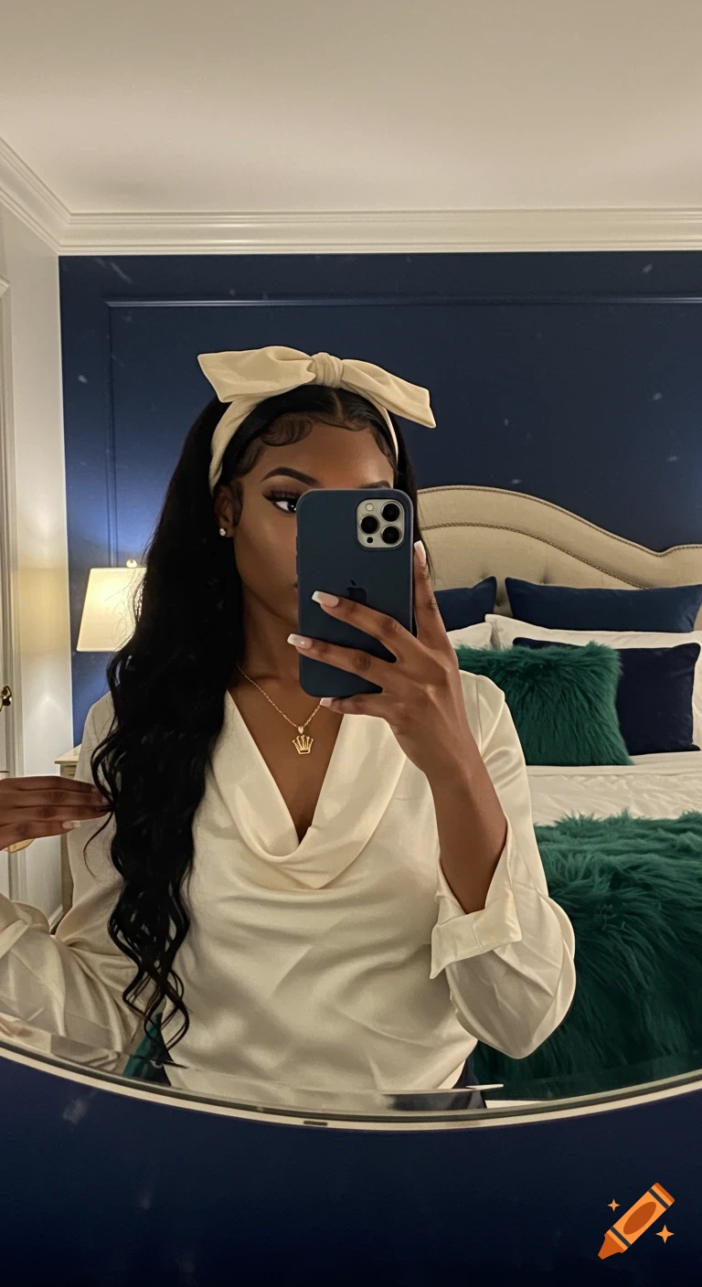 A woman with black hair and a cream bow headband takes a mirror selfie in a dark bedroom, wearing a cream silk blouse and gold necklace.