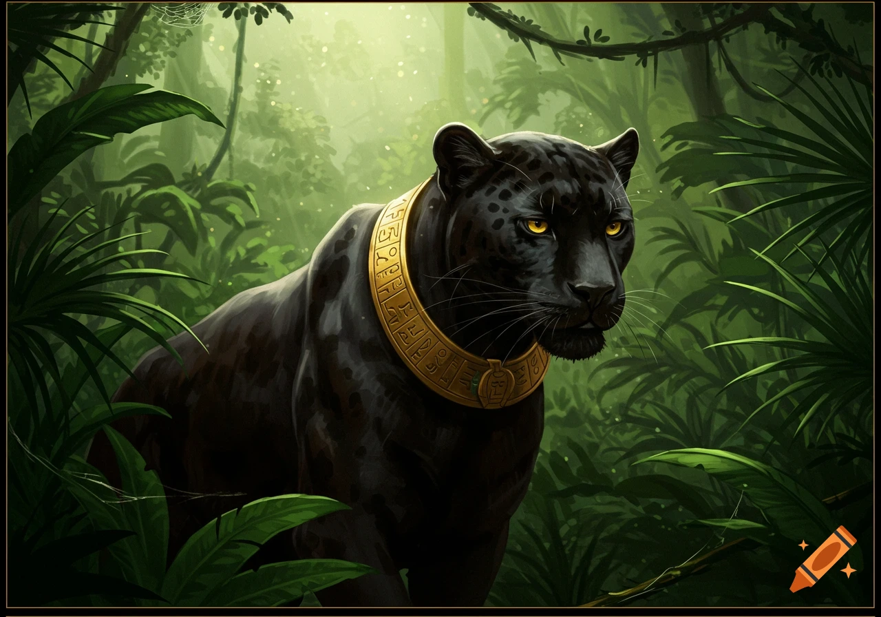 A black panther with glowing yellow eyes wears a gold collar with hieroglyphic symbols in a lush green jungle, in a stylized illustration.