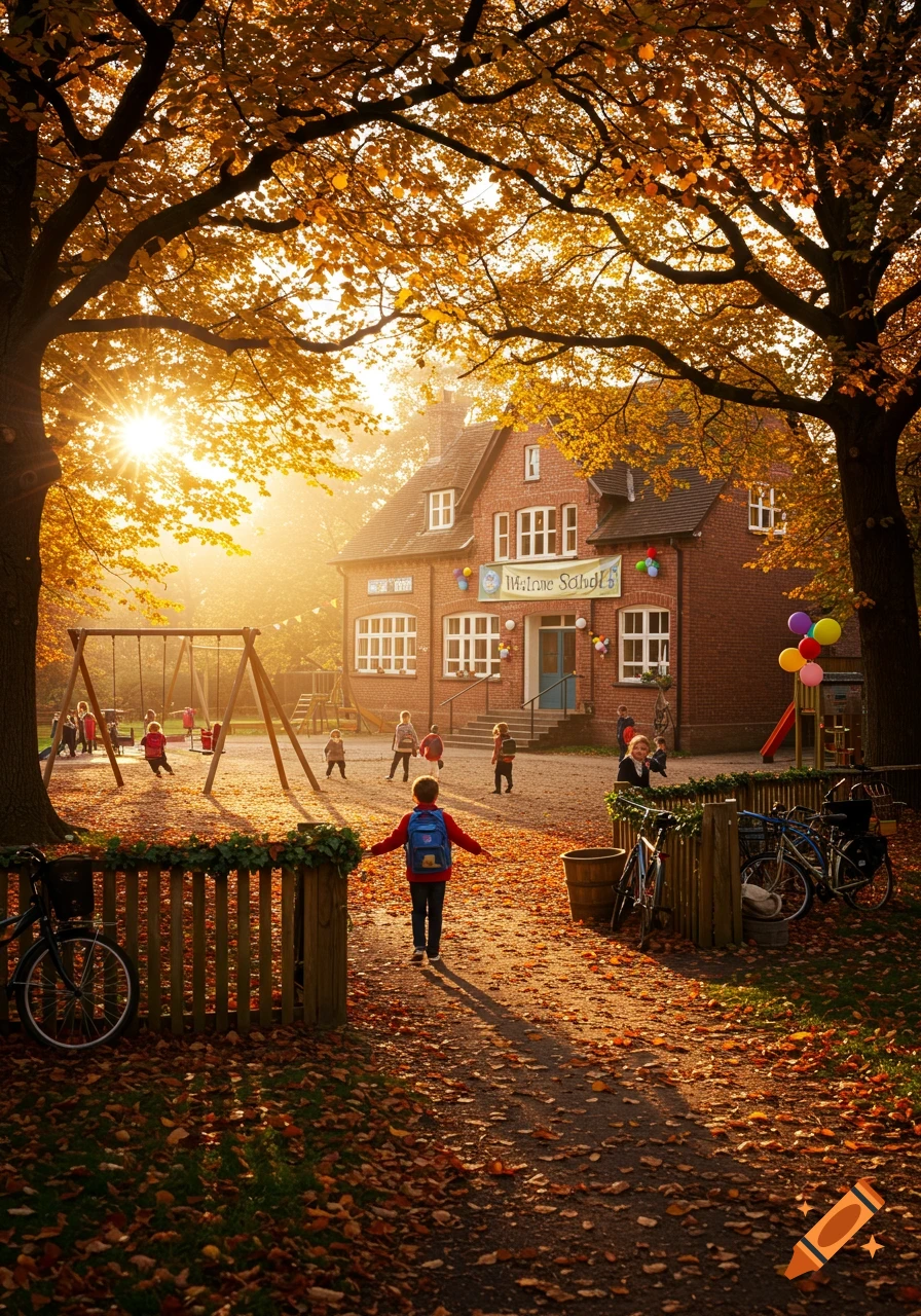 Photorealistic image of children playing outside a brick school building in autumn, with golden sunlight filtering through trees.