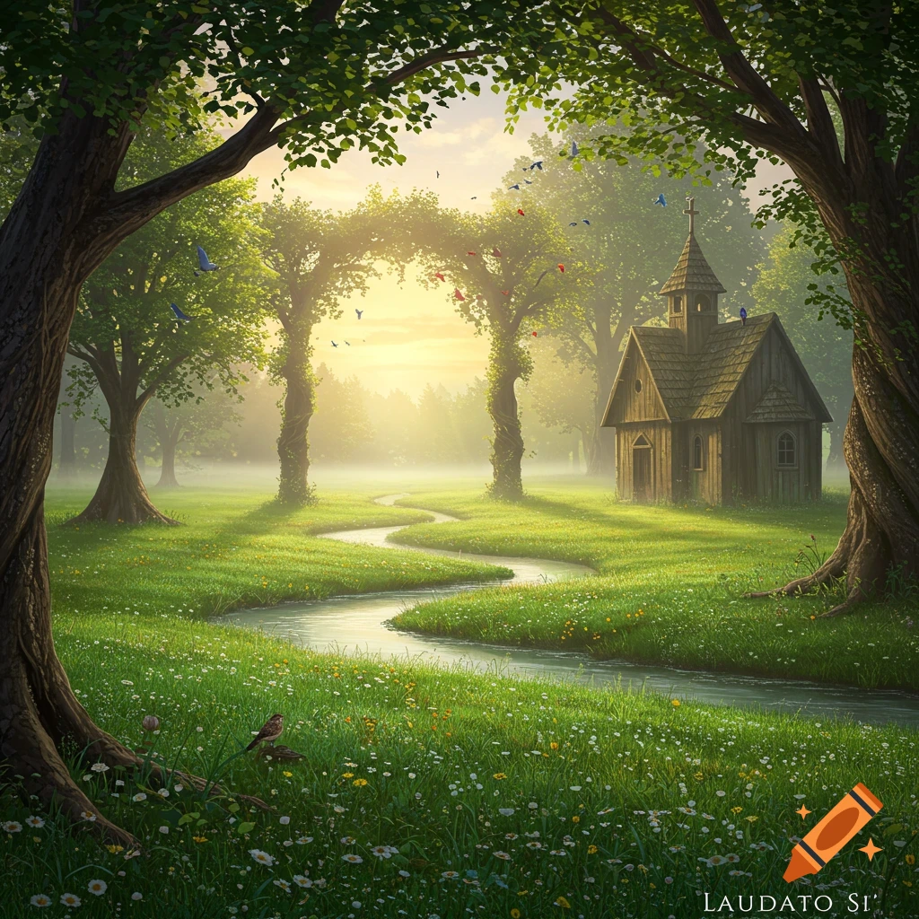 A winding stream through a lush green meadow, leading to a small wooden church nestled among misty trees under a soft, glowing sky.