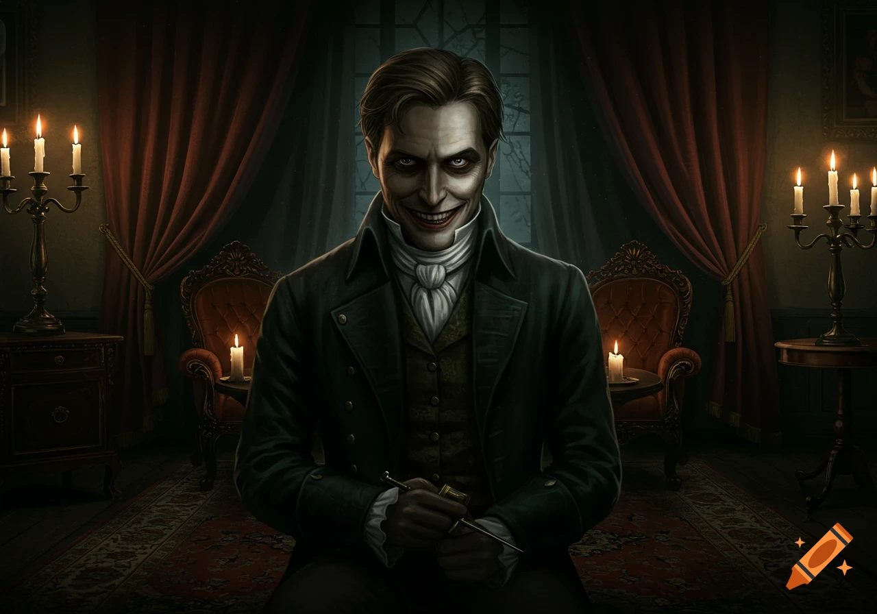 A sinister man in 19th-century clothing with a cold smile holds a syringe in a dimly lit gothic room with candlelight.