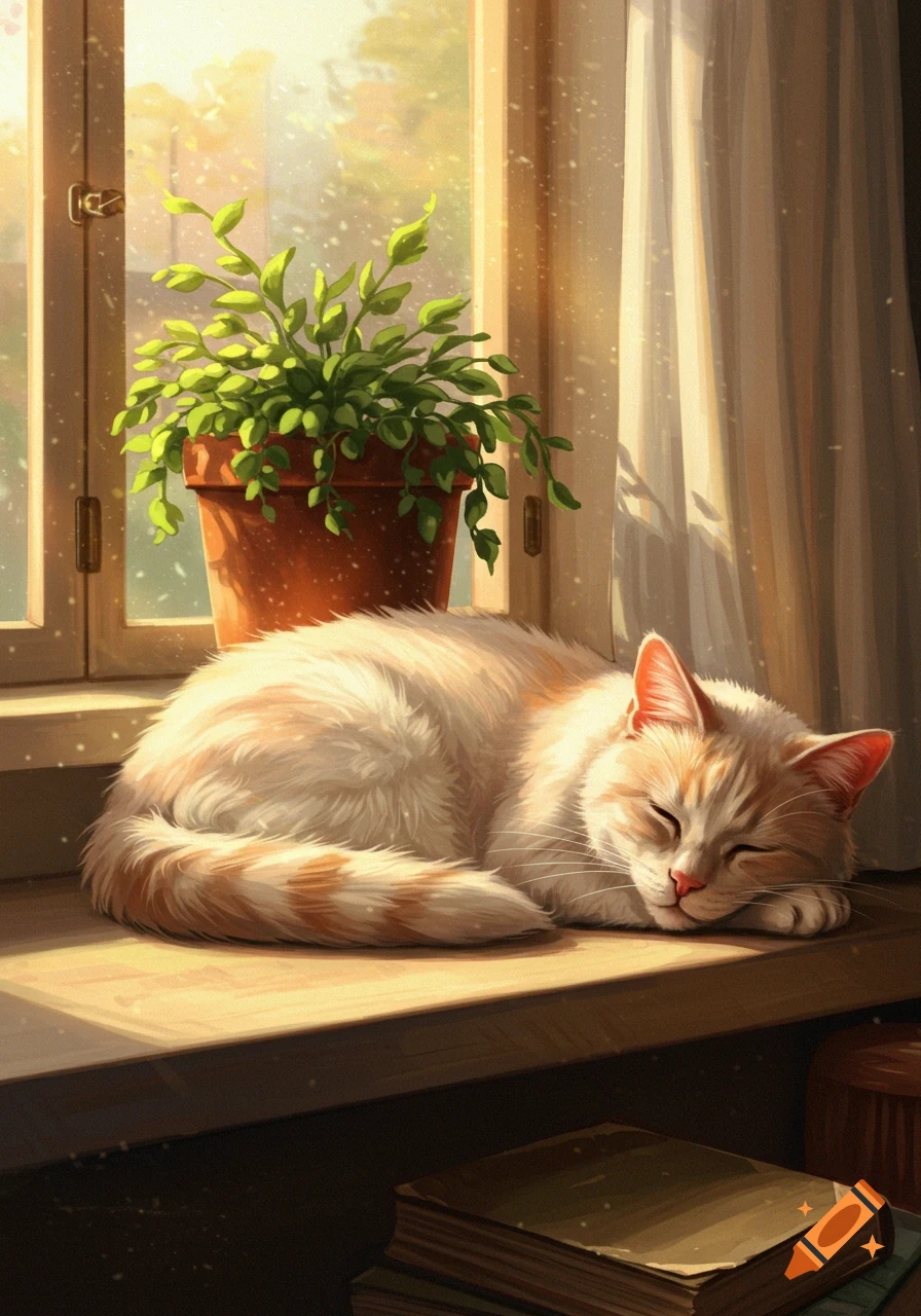 An orange and white cat sleeps peacefully on a sunlit wooden windowsill next to a potted plant and a stack of books, in an illustrated style.