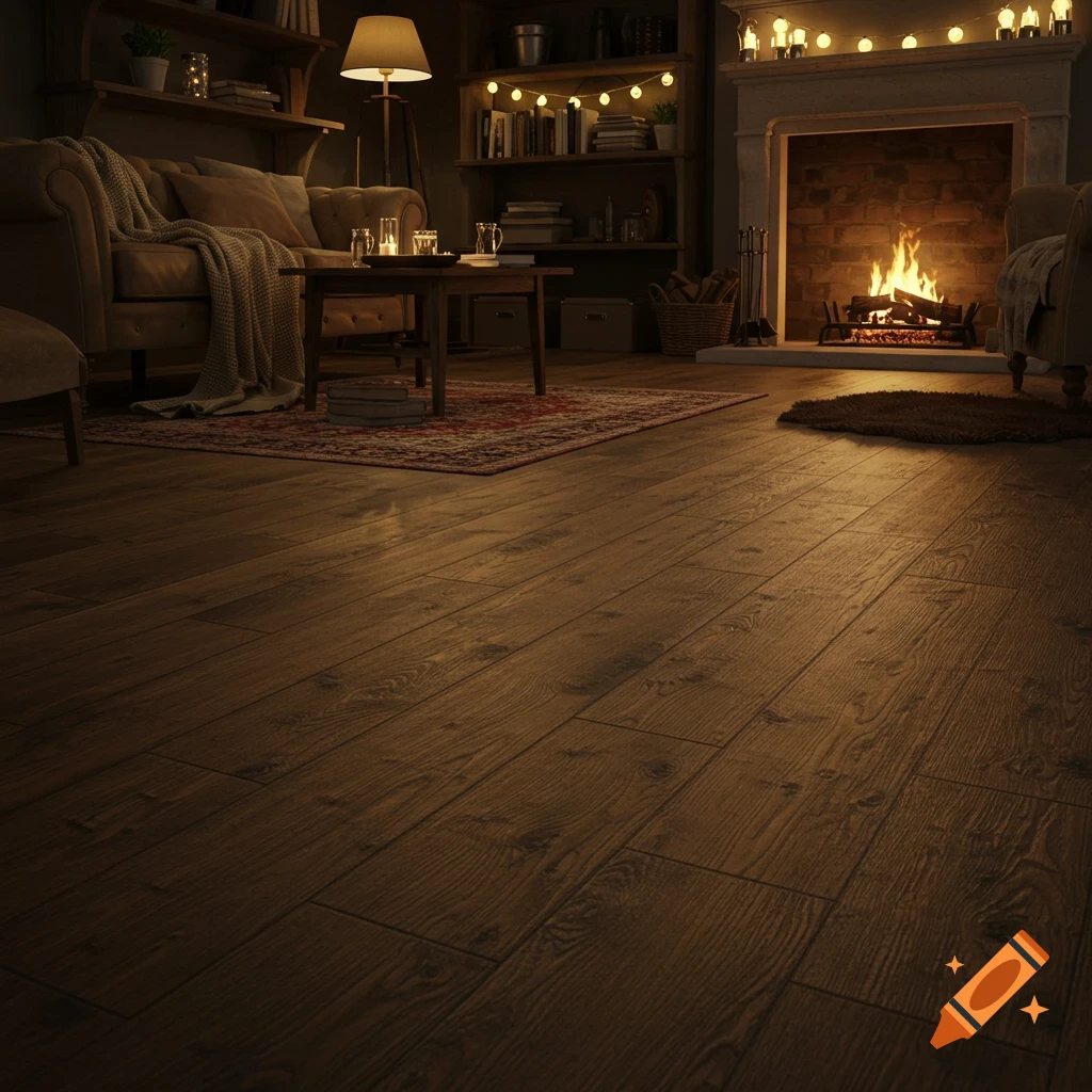 Cozy living room interior with warm lighting, dark wooden floor, fireplace, sofa, and coffee table.