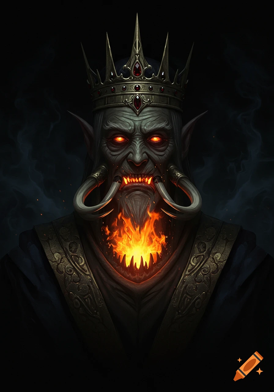 A dark fantasy portrait of an evil old man with glowing red eyes, tusks, a mouth filled with fire, an ornate crown, and elaborate robes.