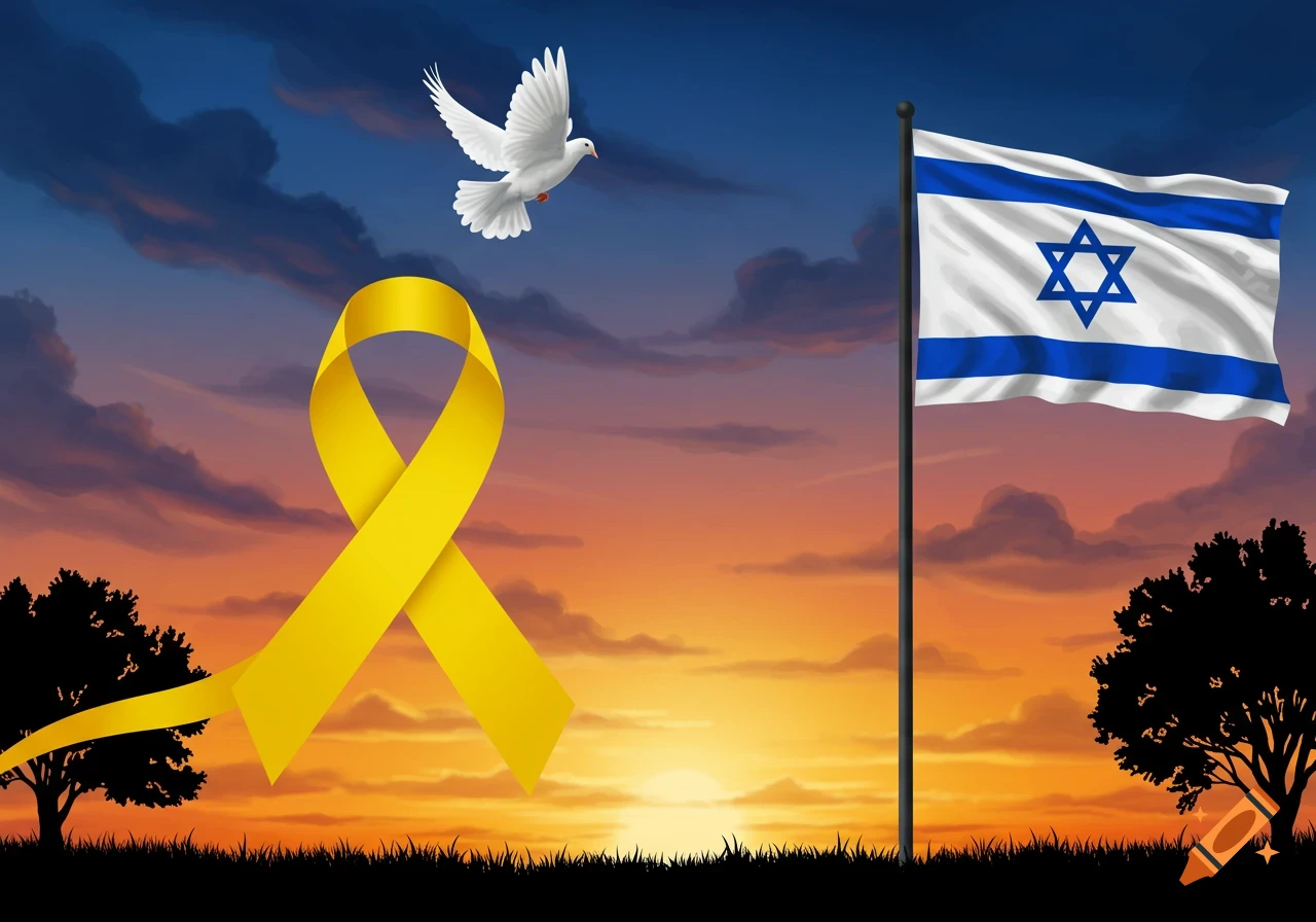 A yellow ribbon and white peace dove against a sunset sky with silhouetted trees, and an Israeli flag waving on a pole to the right.
