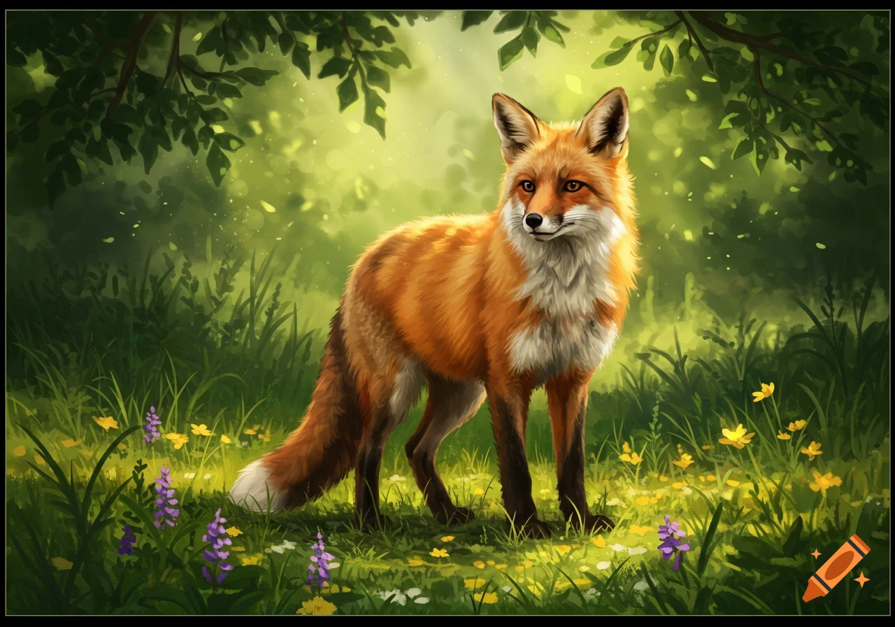 A vibrant red fox with white chest fur stands in a sunny, wildflower-filled forest clearing, digital painting style.