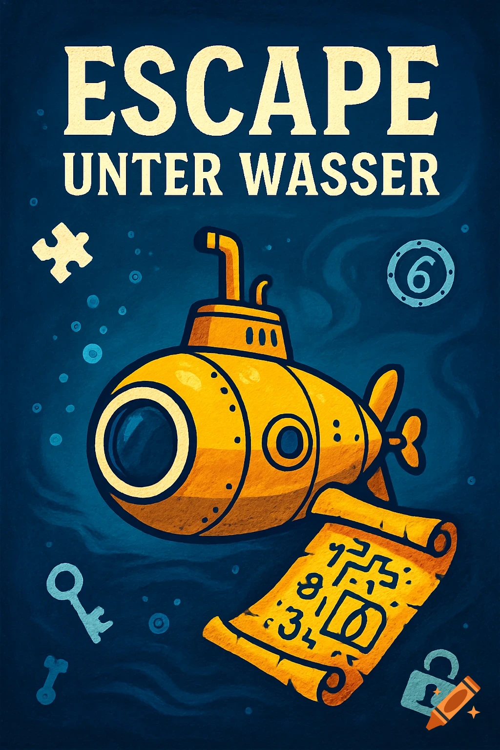 A cartoon yellow submarine in a deep blue ocean with 'ESCAPE UNTER WASSER' text, a coded scroll, puzzle piece, and keys.