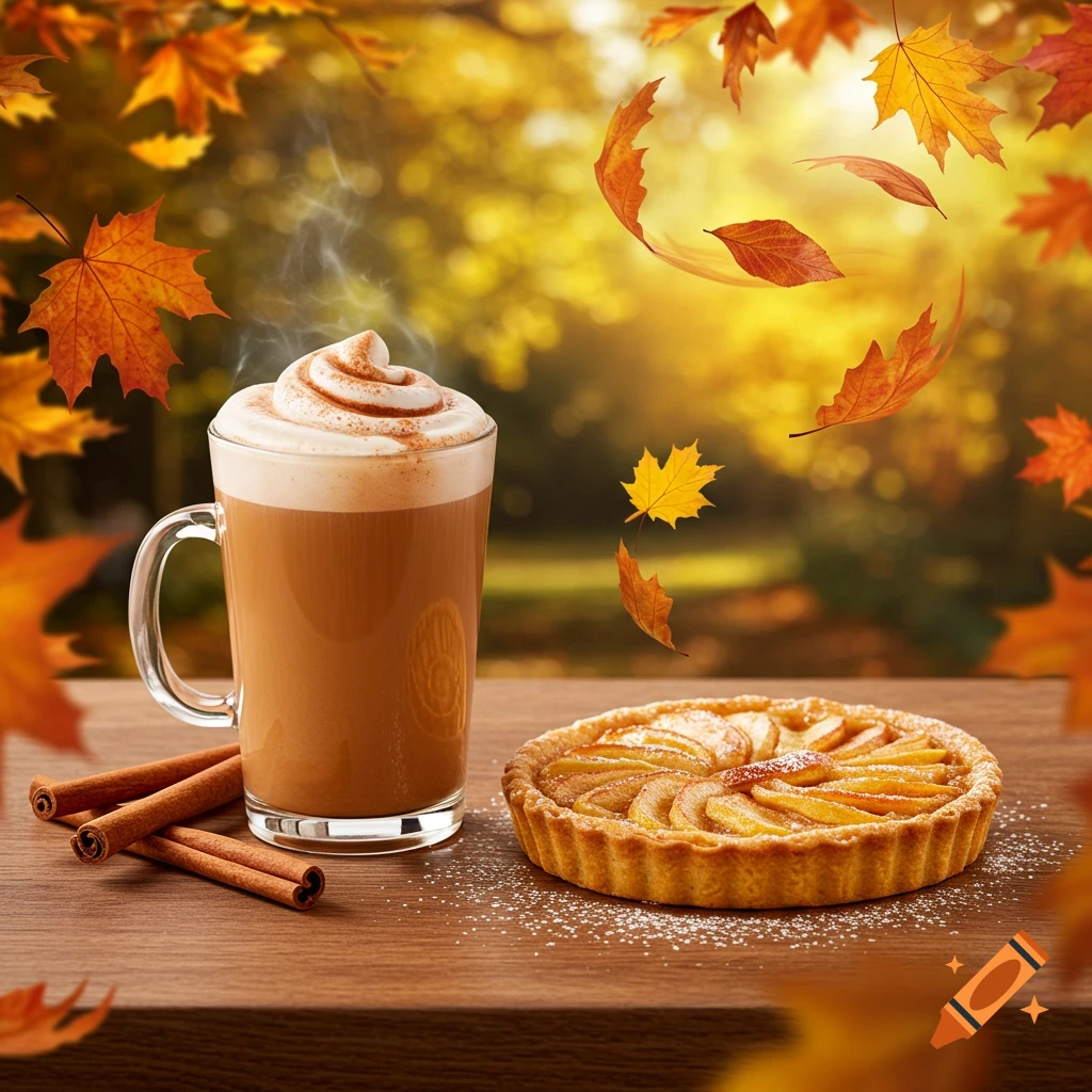 Steaming chai latte, apple tart, and cinnamon sticks on a wooden table with falling autumn leaves in a photorealistic style.