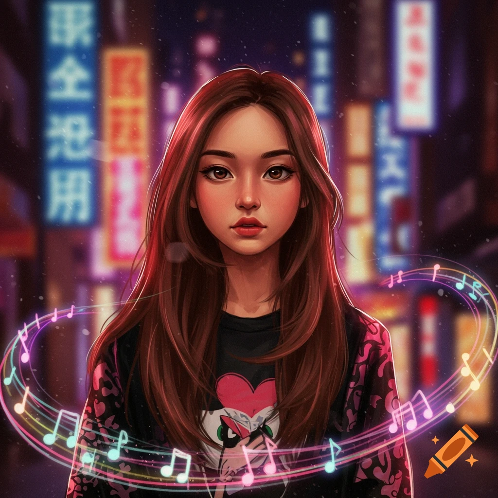 An anime-style portrait of a young woman with long brown hair and brown eyes, wearing a black shirt with a heart design, with neon city lights and musical notes swirling around her in the background.