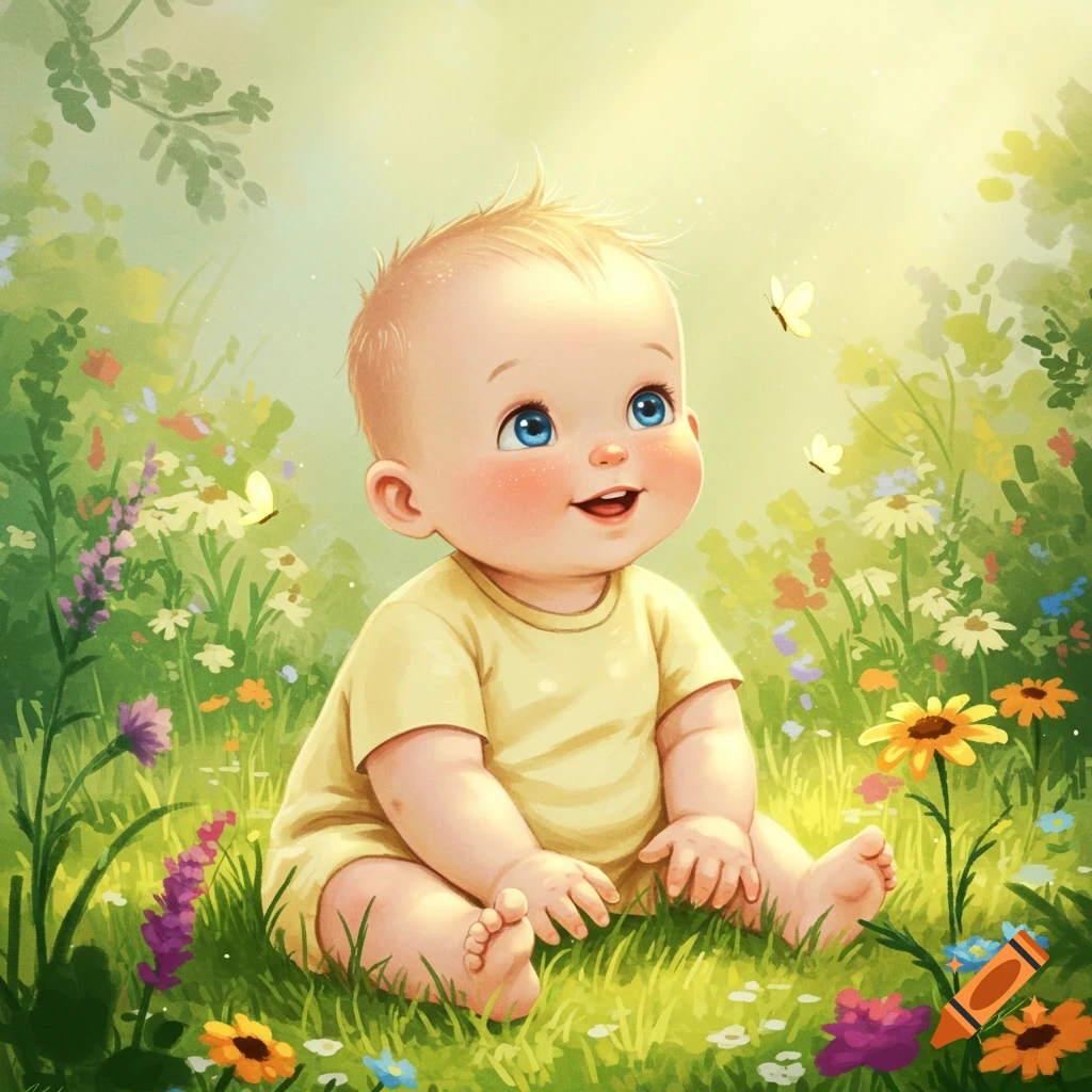 A cute, smiling baby with blue eyes sits in a vibrant field of colorful wildflowers and grass, looking up, in a bright illustration.