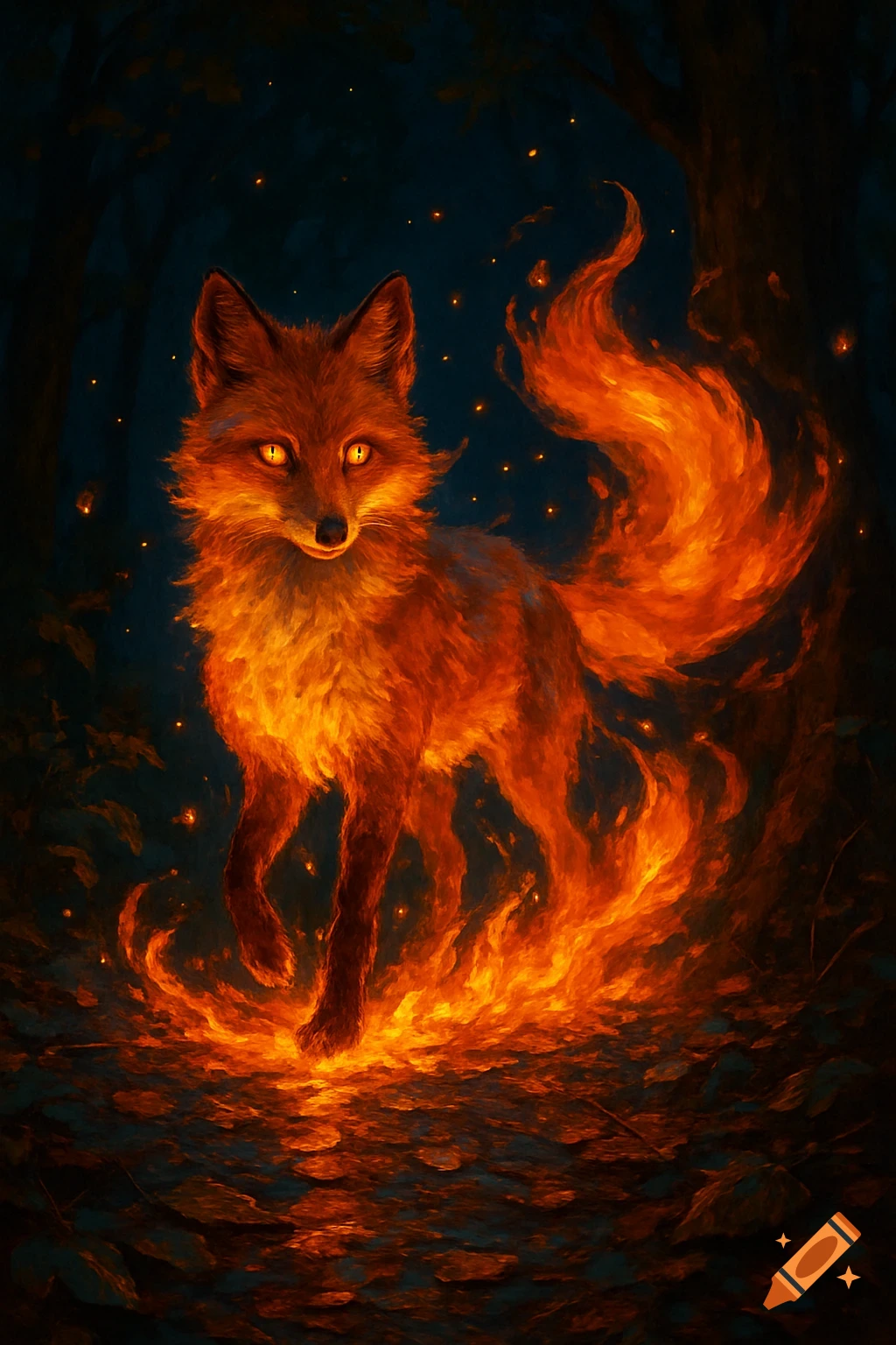 A glowing, fiery fox stands in a dark, mystical forest, its fur and tail composed of flames.