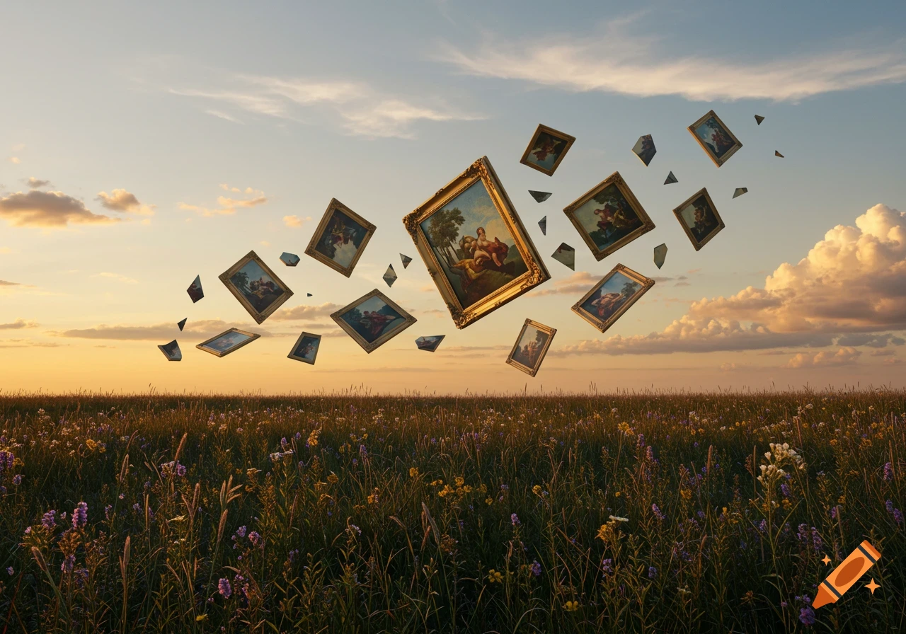 Surreal landscape with classical paintings floating and breaking apart over a field at sunset.