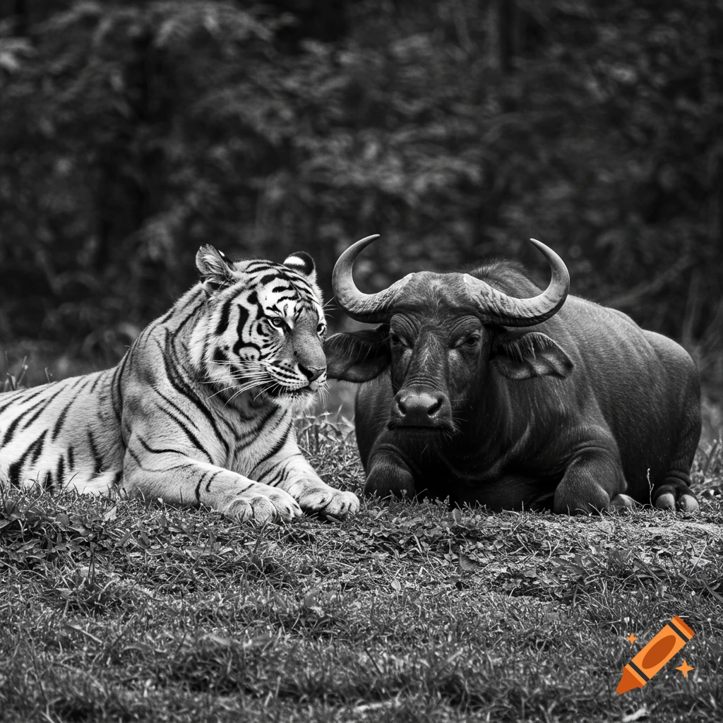 Photorealistic black and white image of a tiger and a water buffalo lying peacefully side-by-side in grass.