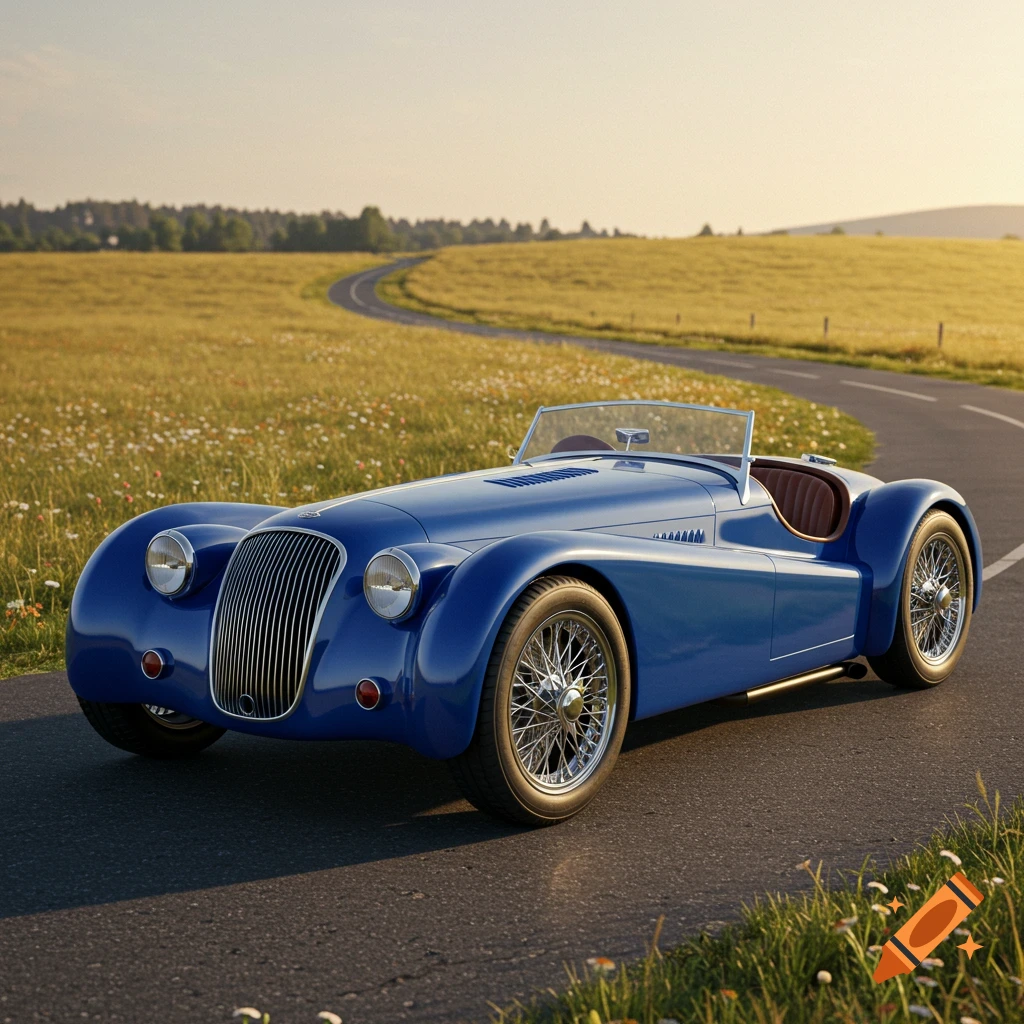 A vibrant blue classic roadster drives on a winding asphalt road through a sunlit golden field with wildflowers.