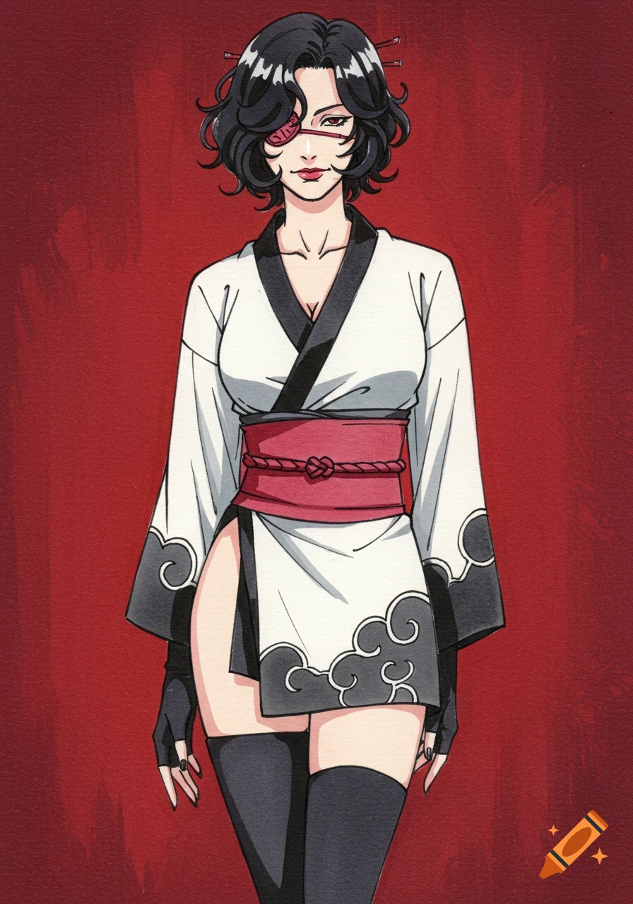 An anime illustration of a dark-haired woman in a short white kimono with an eyepatch, red obi, and thigh-highs, on a crimson background.
