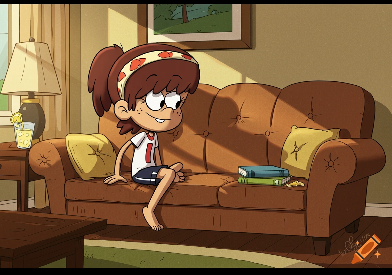 Cartoon character Lynn Loud Jr. sits barefoot on a brown couch in a sunlit living room.