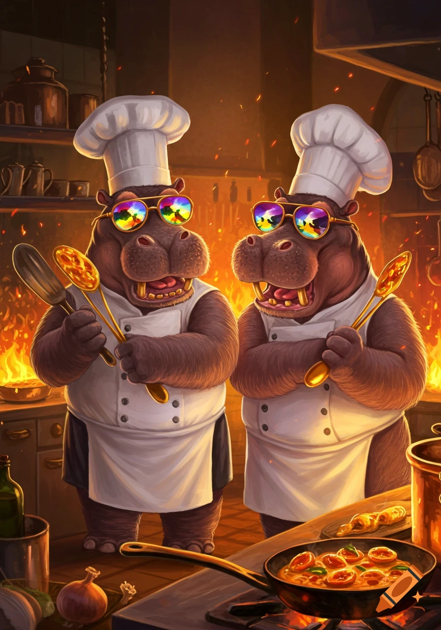 Two anthropomorphic chef hippos wearing sunglasses cook in a fiery kitchen, holding golden utensils.