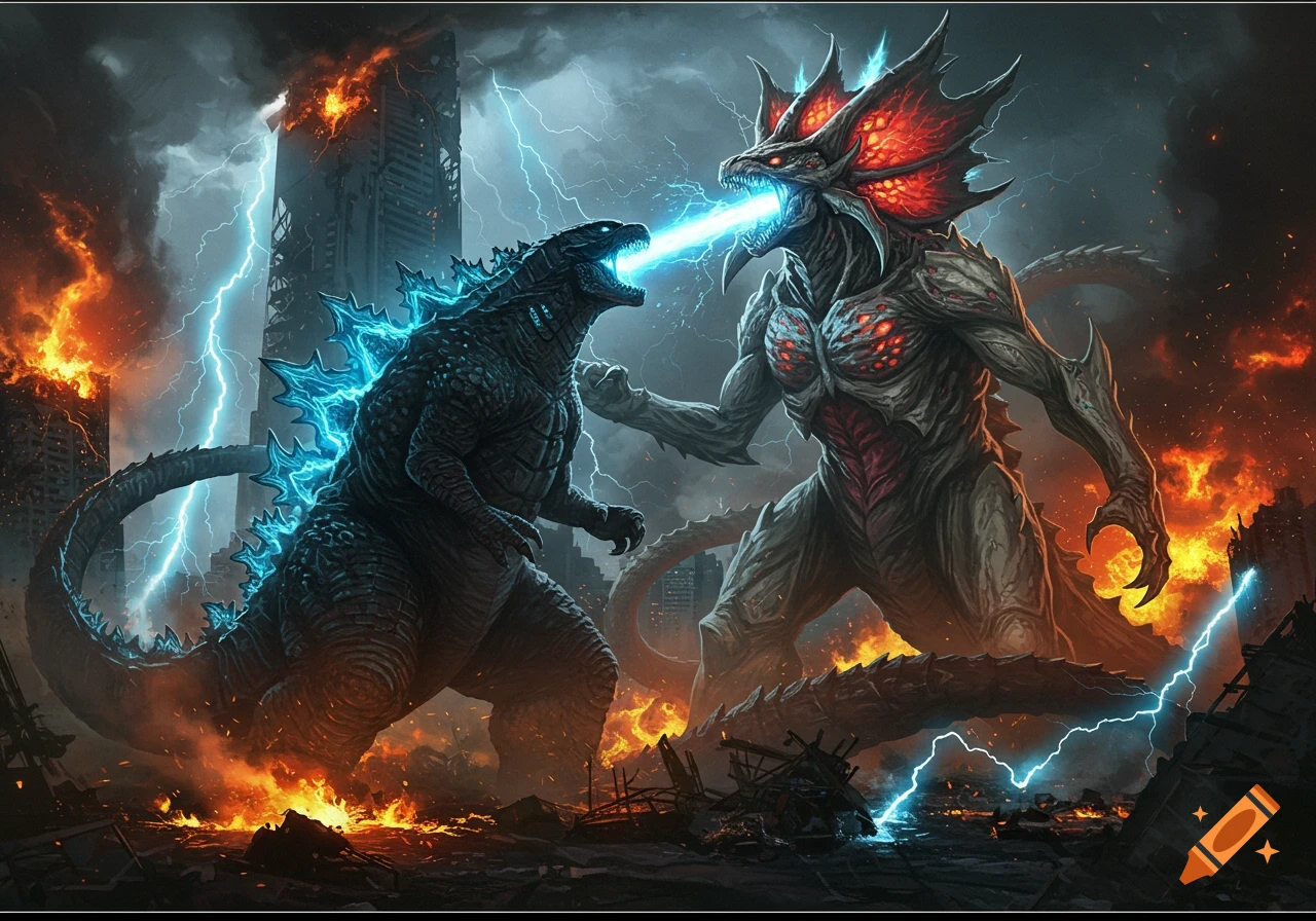 Godzilla and a thorny red-crested monster blast energy beams at each other amidst a burning, lightning-struck cityscape.