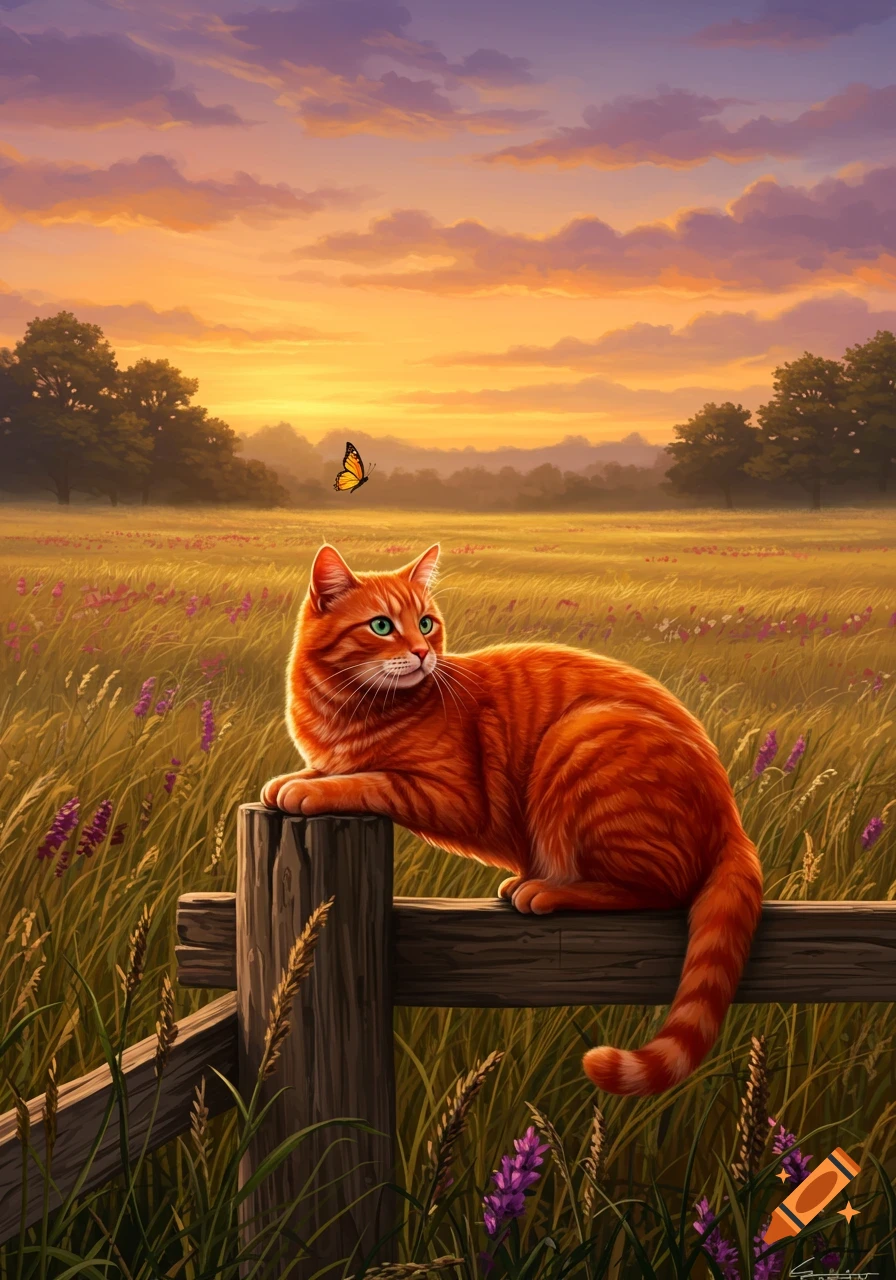 Vibrant illustration of an orange tabby cat with green eyes resting on a fence post, gazing at a butterfly in a sunset field of golden grass and purple flowers.