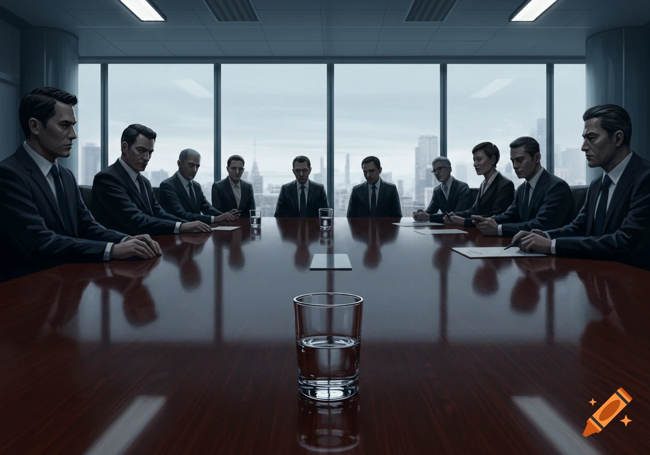 A group of professionals in suits sit around a polished conference table with glasses of water, overlooking a cityscape from a modern boardroom.