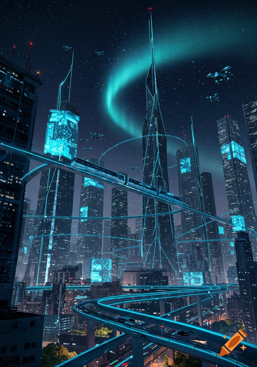 A vibrant, futuristic city at night with towering skyscrapers, glowing blue light trails, elevated monorails, and flying vehicles under a starry sky with an aurora.