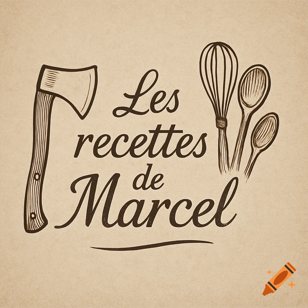 A vintage-style logo with 'Les recettes de Marcel' text, a hand-drawn axe, whisk, and spoons on a textured beige background.