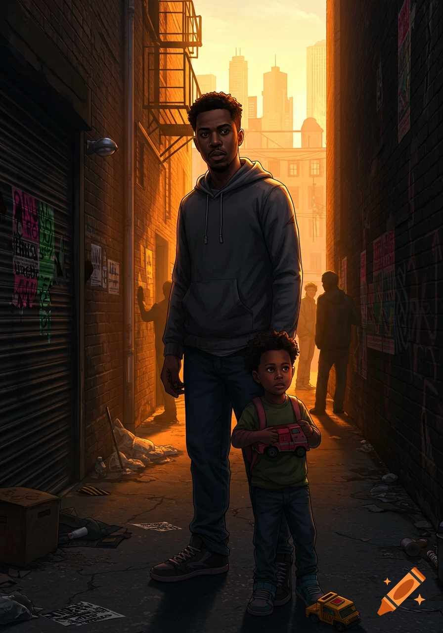 An illustrative image of a Black man and a young Black child in a sunlit urban alleyway with a city skyline in the background.