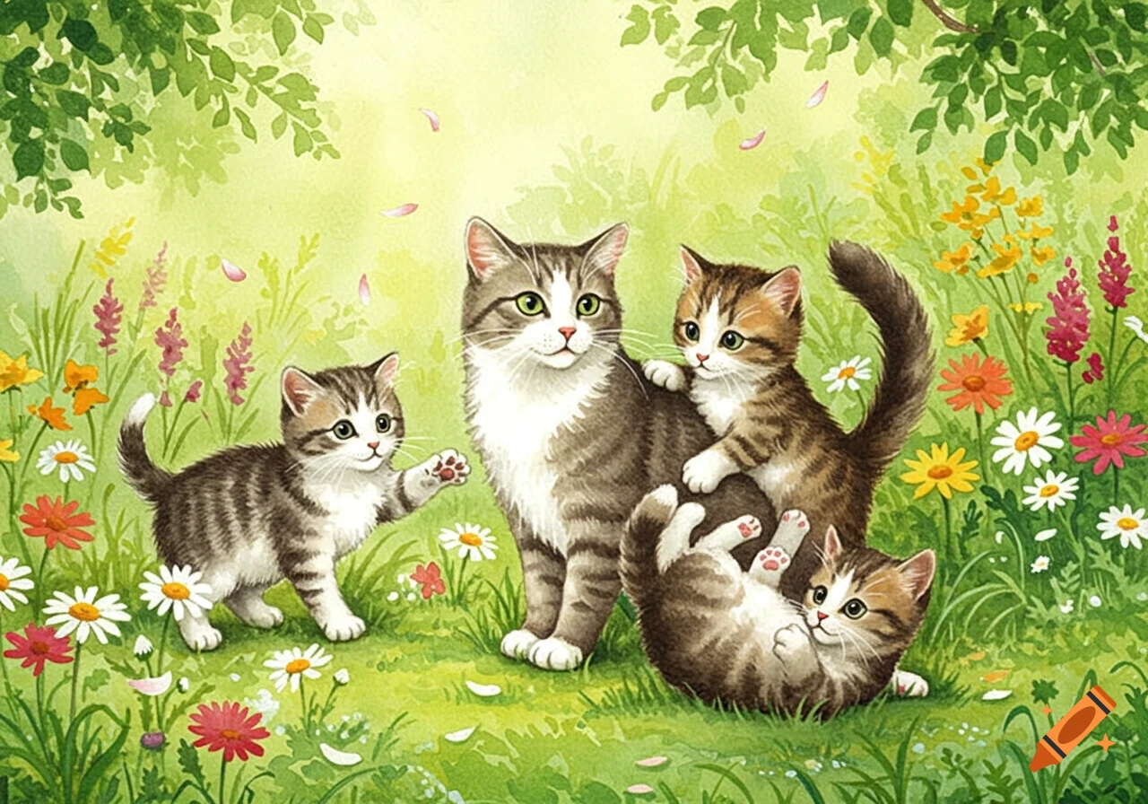 A watercolor illustration of a cat and three playful kittens in a vibrant green field with colorful flowers and pink petals.