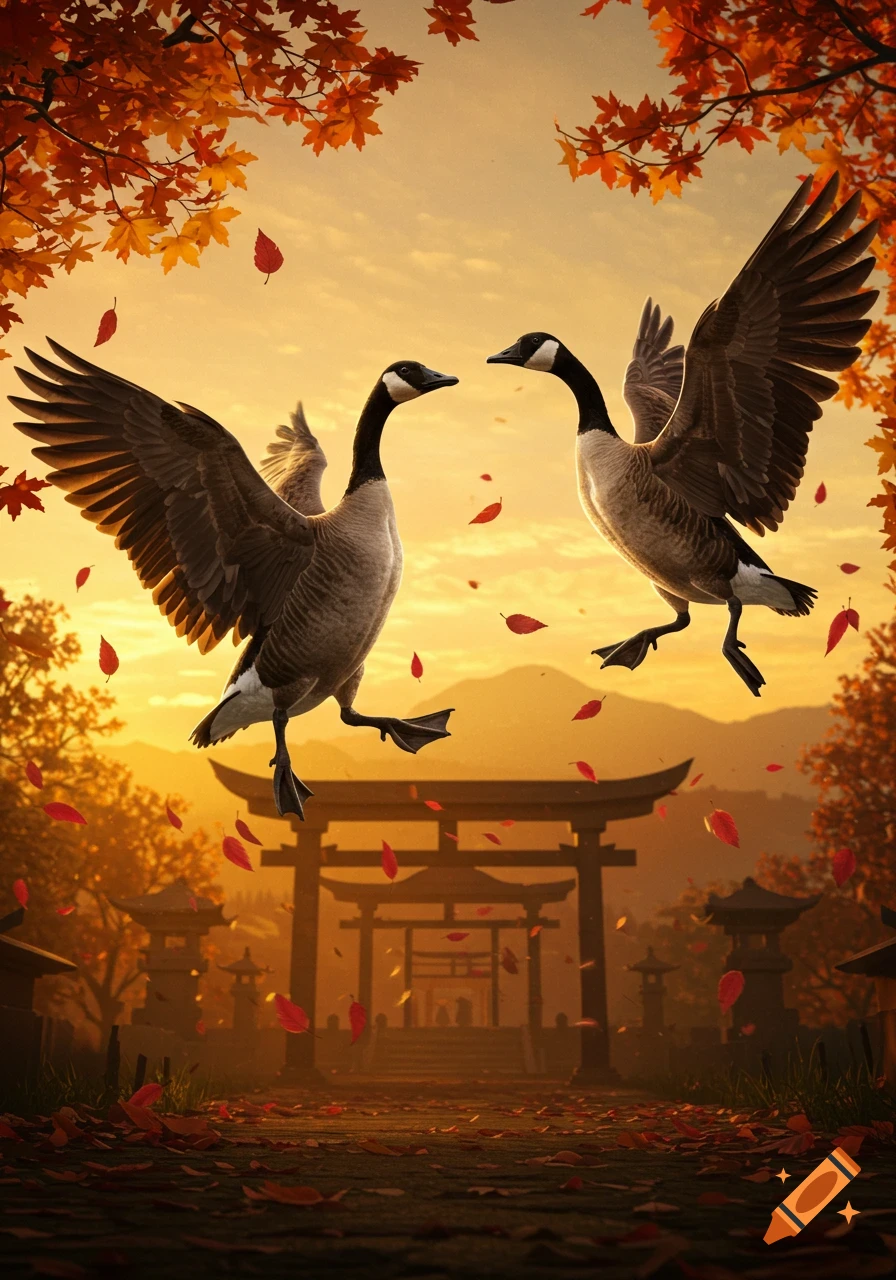 Two Canada geese fly among red and orange autumn leaves over a Japanese torii gate at sunset, photorealistic style.