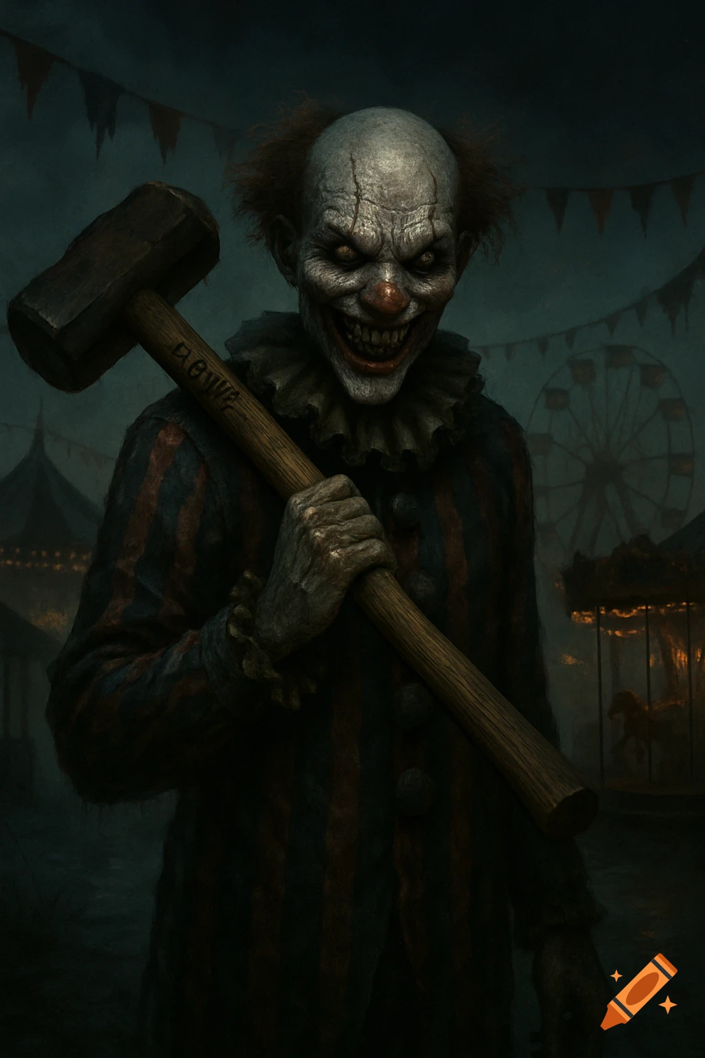 A scary, pale-faced clown with a wide, toothy grin holds a large sledgehammer over his shoulder in a dark, creepy carnival.