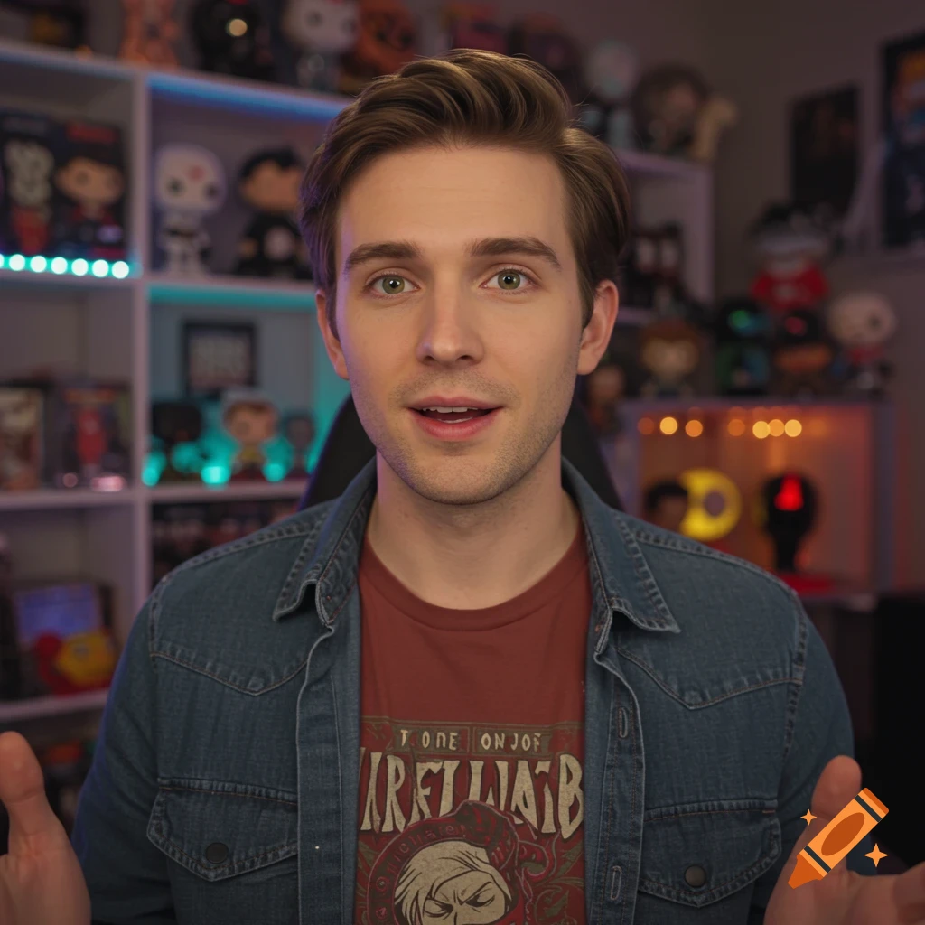 A photorealistic portrait of a young man with light brown hair and green eyes, wearing a denim shirt over a graphic tee, standing in a colorful studio filled with pop-culture memorabilia.