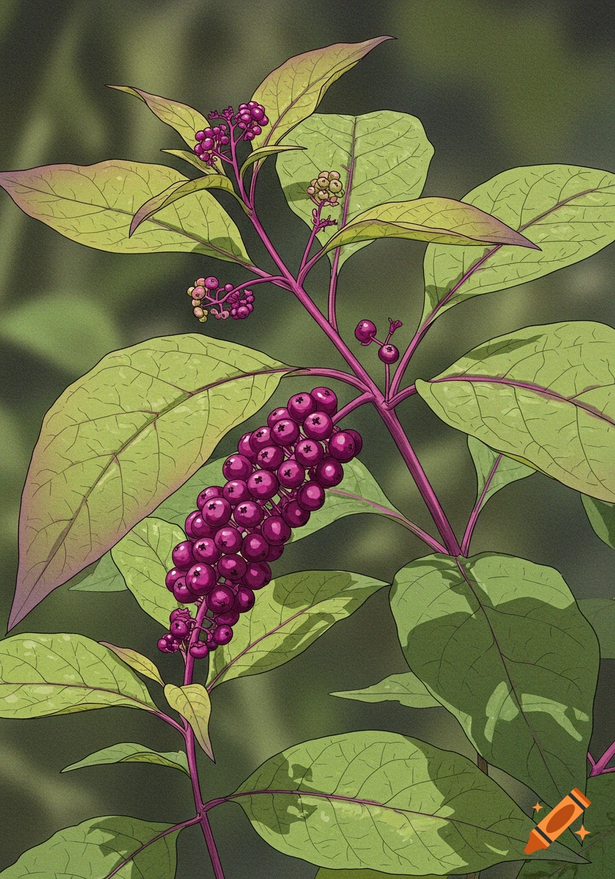A stylized illustration of a pokeweed plant with vibrant green leaves and clusters of dark purple berries on reddish stems.