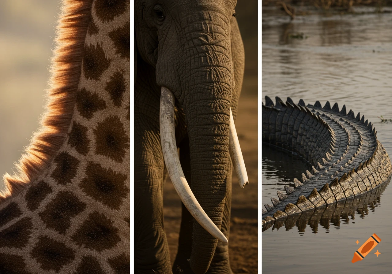 A triptych of close-up wildlife photography: a giraffe's neck and mane, an elephant's face and tusks, and a crocodile's tail in water.