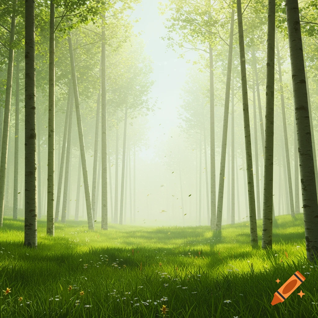 Sunlit, misty forest with tall, slender trees and lush green grass dotted with small flowers, creating a serene, dreamlike landscape.