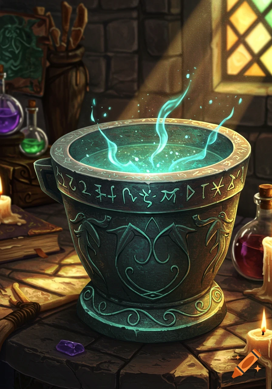 A glowing green potion in a stone mortar with intricate runes sits on a wooden table, surrounded by vials, candles, and books in a dimly lit wizard's workshop.
