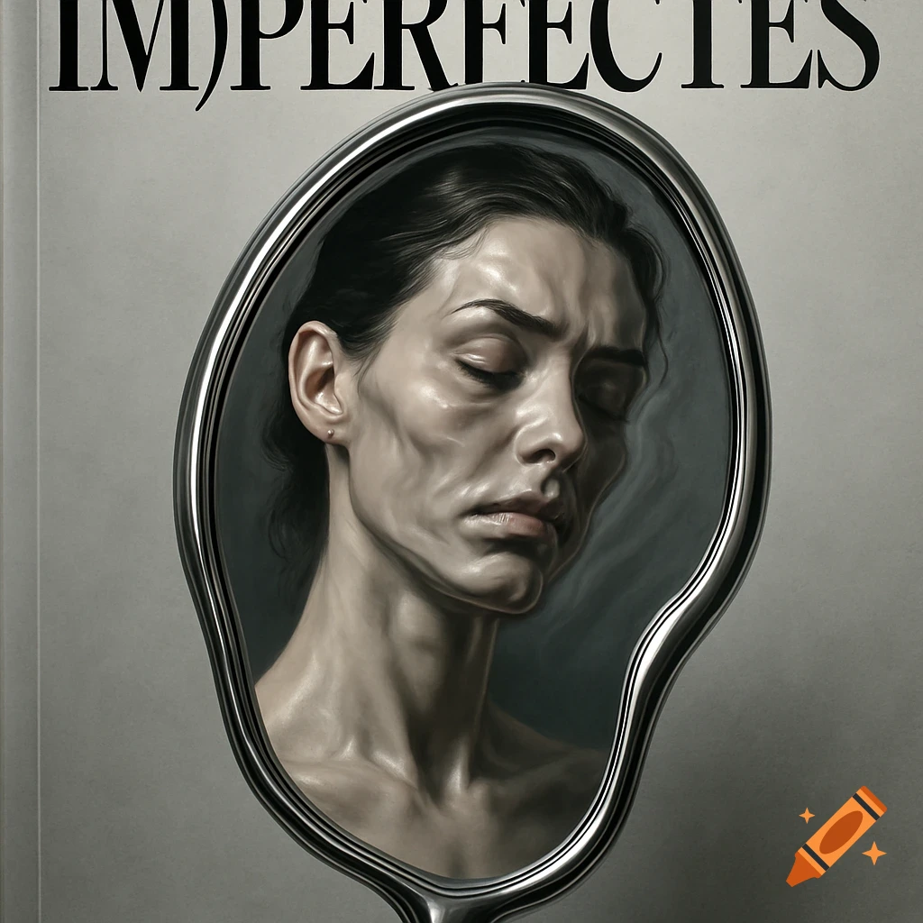A gaunt face with closed eyes reflected in a distorted mirror. The title "IM)PERFECTES" is at the top in a realistic, artistic style.