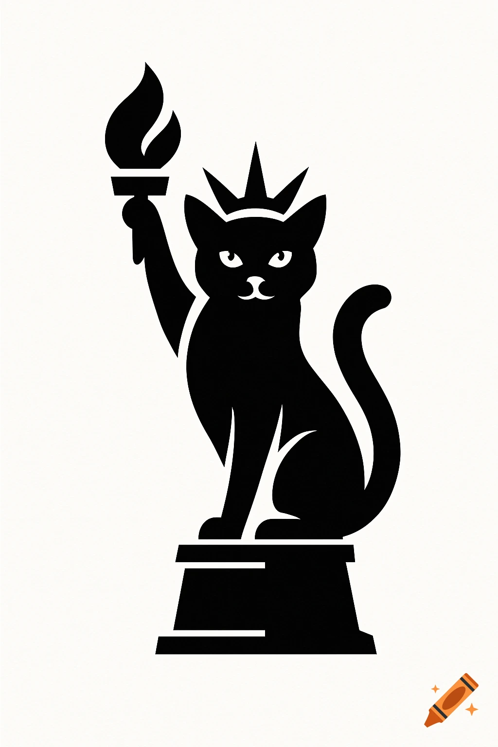 A stylized black-and-white vector logo of a cat resembling the Statue of Liberty, holding a torch and wearing a crown, standing on a pedestal.