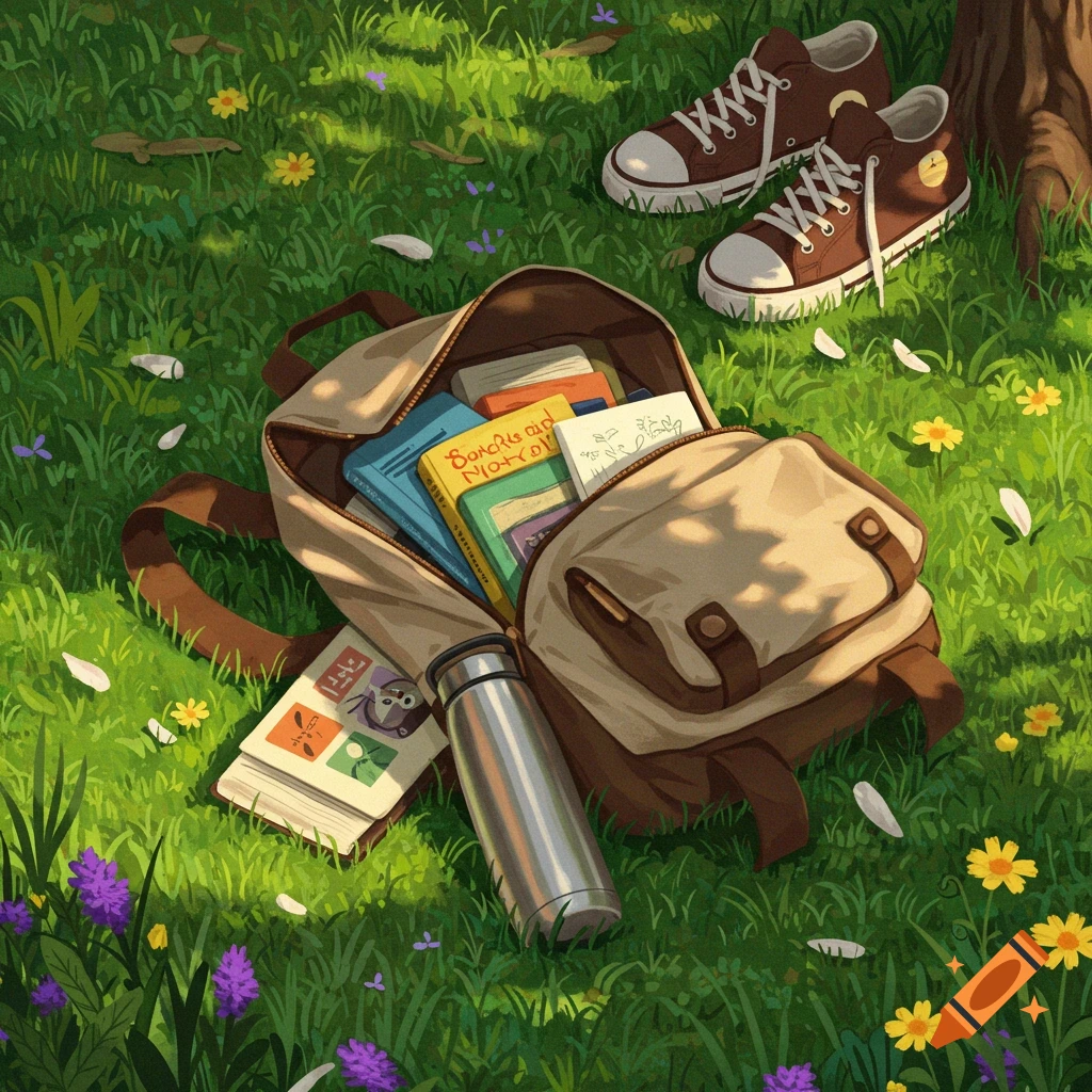 An open canvas backpack filled with books and a silver water bottle lying on a grassy lawn with brown sneakers and white flower petals nearby, in an illustrated style.
