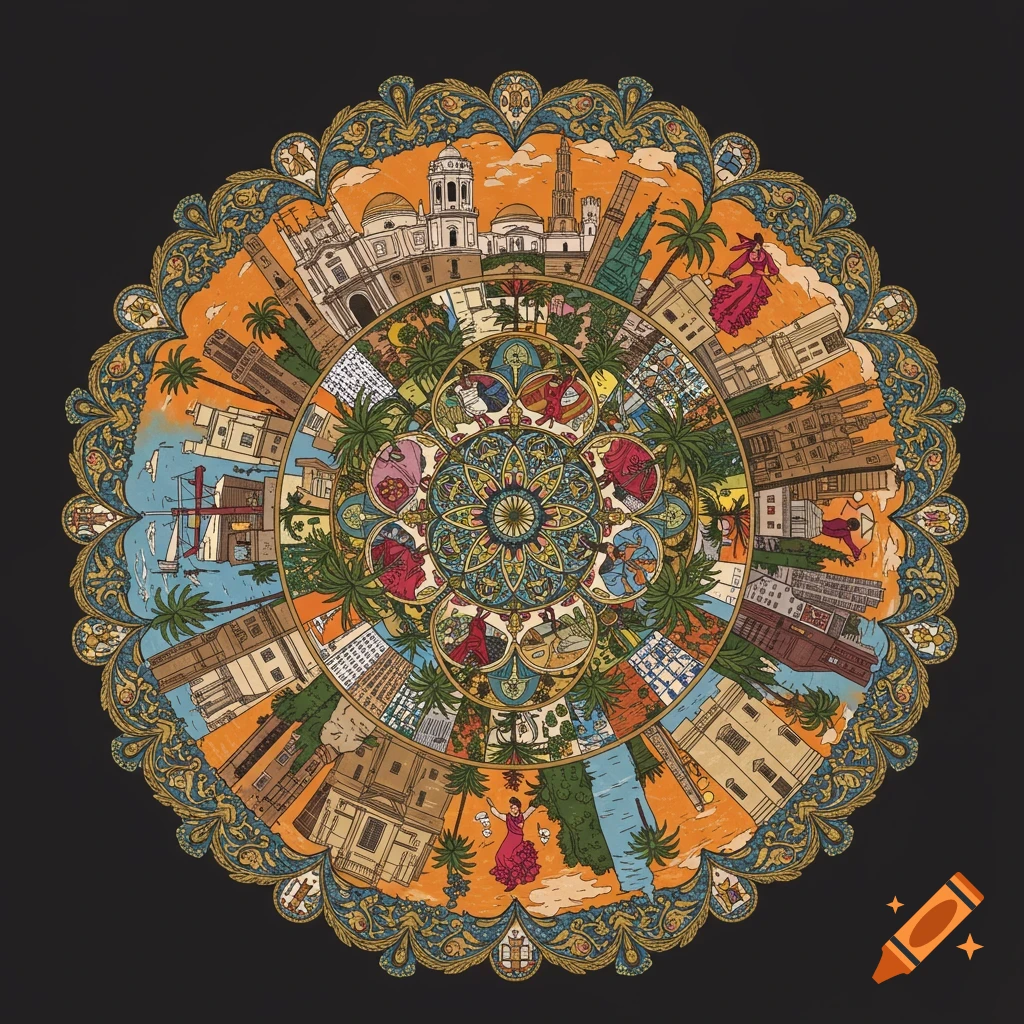 A detailed, colorful mandala depicting a vibrant cityscape with traditional architecture, palm trees, and flamenco dancers, in an illustrative style.