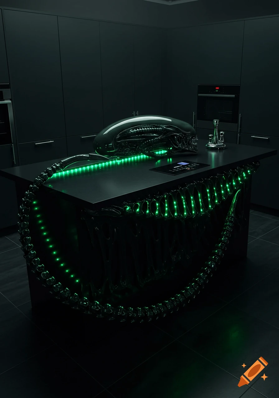 A dark, sleek kitchen features a counter-top island styled like an Alien Xenomorph, glowing with green LED lights.