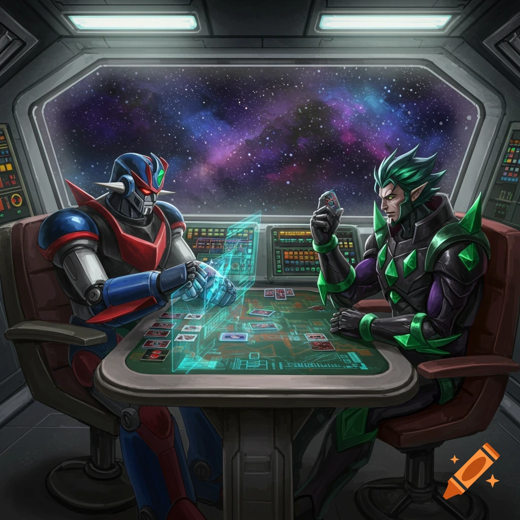 A robot and an elf-like alien character playing cards at a table inside a spaceship, with a view of space and stars through the window.