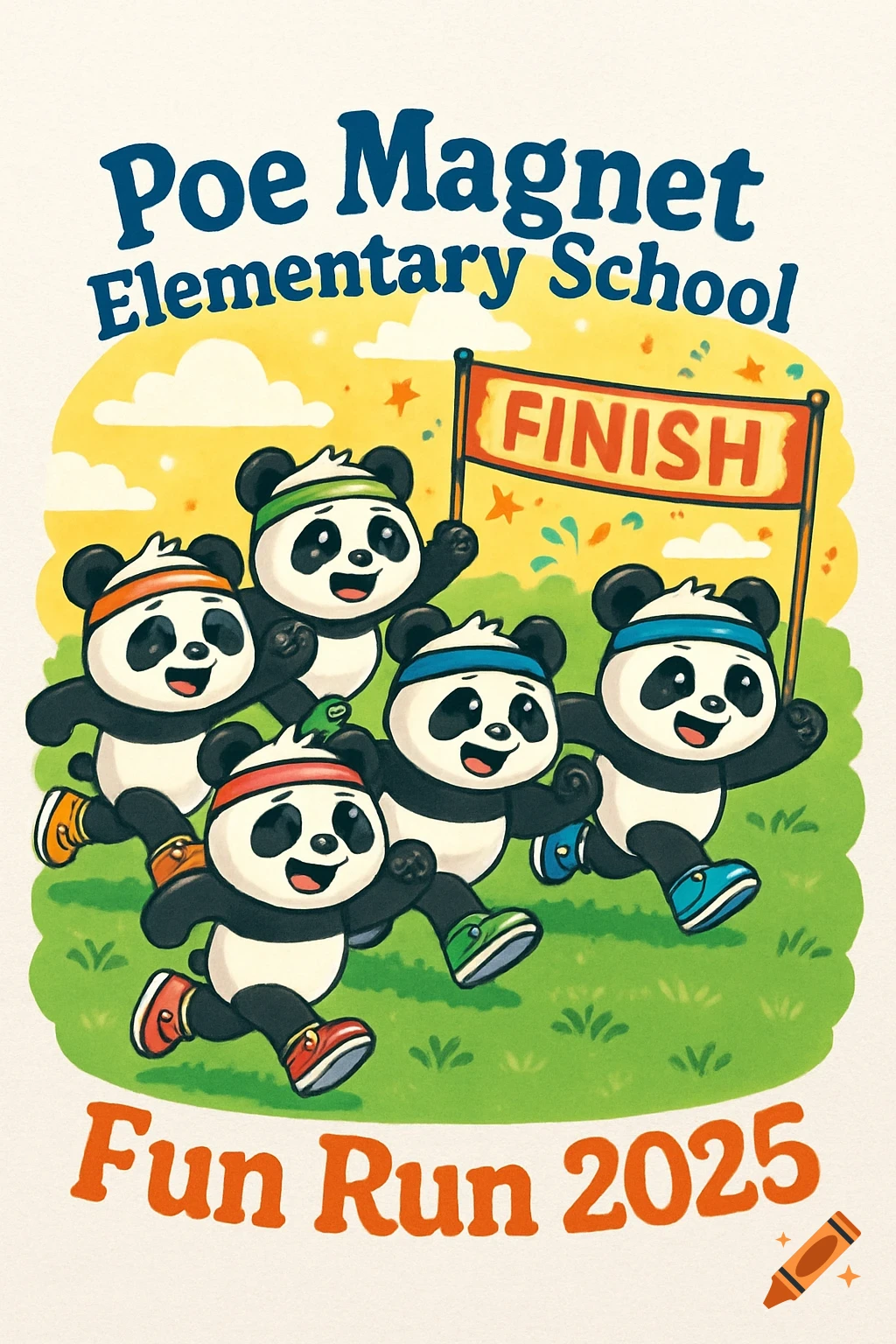 Cartoon illustration of five happy pandas in headbands and sneakers running in a field towards a 'FINISH' banner. Text: 'Poe Magnet Elementary School Fun Run 2025'.