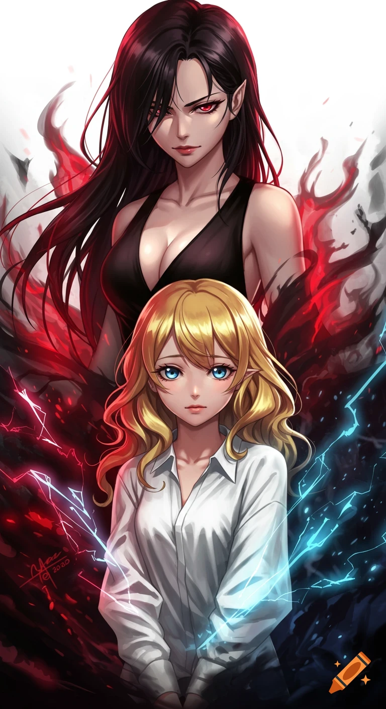 Anime illustration of a dark-haired woman in black behind a blonde woman in white, both with contrasting magical energy.