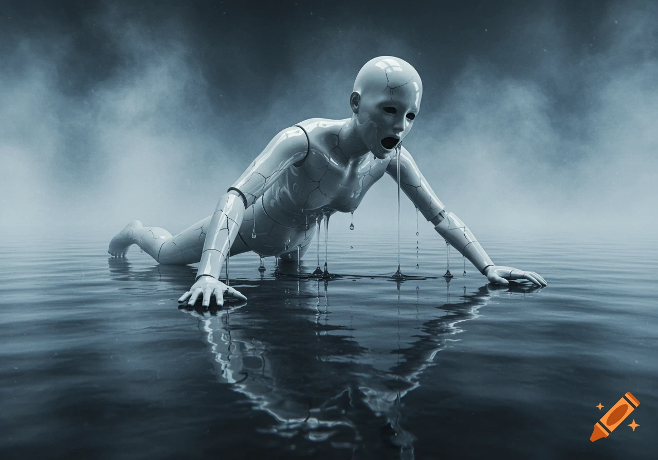 A white cracked, melting mannequin crawls through dark water under a cloudy sky, its reflection visible.