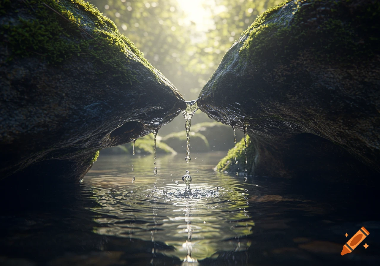 Close-up photorealistic shot of water dripping from moss-covered rocks into a clear stream, with sunlight filtering through the background.